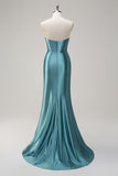 Royal Blue Strapless Pleated Corset Sequin Long Mermaid Prom Dress with Slit