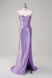 Sparkly Lilac Mermaid Strapless Pleated Corset Long Sequin Prom Dress with Slit