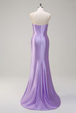 Sparkly Lilac Mermaid Strapless Pleated Corset Long Sequin Prom Dress with Slit