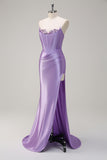 Sparkly Lilac Mermaid Strapless Pleated Corset Long Sequin Prom Dress with Slit