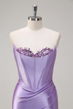 Sparkly Lilac Mermaid Strapless Pleated Corset Long Sequin Prom Dress with Slit