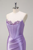 Sparkly Lilac Mermaid Strapless Pleated Corset Long Sequin Prom Dress with Slit