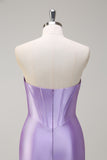 Sparkly Lilac Mermaid Strapless Pleated Corset Long Sequin Prom Dress with Slit