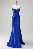 Royal Blue Strapless Pleated Corset Sequin Long Mermaid Prom Dress with Slit