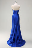 Royal Blue Strapless Pleated Corset Sequin Long Mermaid Prom Dress with Slit