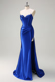 Royal Blue Strapless Pleated Corset Sequin Long Mermaid Prom Dress with Slit