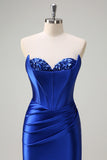 Royal Blue Strapless Pleated Corset Sequin Long Mermaid Prom Dress with Slit