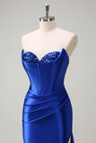 Royal Blue Strapless Pleated Corset Sequin Long Mermaid Prom Dress with Slit