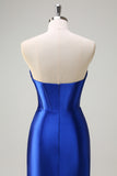 Royal Blue Strapless Pleated Corset Sequin Long Mermaid Prom Dress with Slit