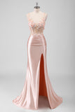 Peach Floral Mermaid 3D Flowers Corset Long Beaded Prom Dress with Slit