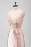 Peach Floral Mermaid 3D Flowers Corset Long Beaded Prom Dress with Slit