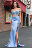 Sky Blue Mermaid Off The Shoulder Sheer Corset Long Prom Dress With Slit