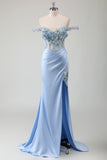 Sky Blue Mermaid Off The Shoulder Corset Appliqued Long Prom Dress With Slit