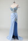 Sky Blue Mermaid Off The Shoulder Corset Appliqued Long Prom Dress With Slit