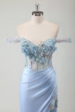 Sky Blue Mermaid Off The Shoulder Corset Appliqued Long Prom Dress With Slit