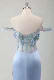 Sky Blue Mermaid Off The Shoulder Corset Appliqued Long Prom Dress With Slit