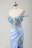 Sky Blue Mermaid Off The Shoulder Corset Appliqued Long Prom Dress With Slit