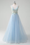 Light Blue A-Line Deep V-Neck Tulle Beaded Long Prom Dress with 3D Flowers