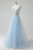 Light Blue A-Line Deep V-Neck Tulle Beaded Long Prom Dress with 3D Flowers