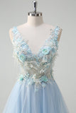 Light Blue A-Line Deep V-Neck Tulle Beaded Long Prom Dress with 3D Flowers