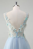 Light Blue A-Line Deep V-Neck Tulle Beaded Long Prom Dress with 3D Flowers