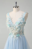 Light Blue A-Line Deep V-Neck Tulle Beaded Long Prom Dress with 3D Flowers