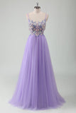 Purple A-Line Spaghetti Straps Open Back Pearl Long Prom Dress with 3D Flowers