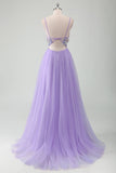 Purple A-Line Spaghetti Straps Open Back Pearl Long Prom Dress with 3D Flowers