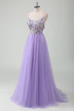 Purple A-Line Spaghetti Straps Open Back Pearl Long Prom Dress with 3D Flowers