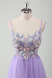 Purple A-Line Spaghetti Straps Open Back Pearl Long Prom Dress with 3D Flowers