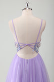 Purple A-Line Spaghetti Straps Open Back Pearl Long Prom Dress with 3D Flowers