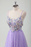 Purple A-Line Spaghetti Straps Open Back Pearl Long Prom Dress with 3D Flowers