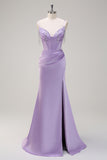 Lilac Mermaid Spaghetti Straps Ruched Corset Beaded Long Prom Dress With Slit