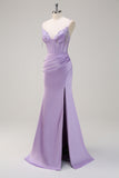 Lilac Mermaid Spaghetti Straps Ruched Corset Beaded Long Prom Dress With Slit