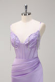 Lilac Mermaid Spaghetti Straps Ruched Corset Beaded Long Prom Dress With Slit