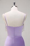 Lilac Mermaid Spaghetti Straps Ruched Corset Beaded Long Prom Dress With Slit