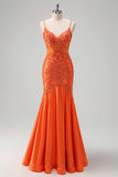 Orange Mermaid Spaghetti Straps Corset Long Prom Dress with Beading