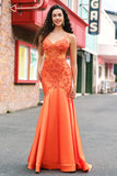 Orange Mermaid Spaghetti Straps Corset Long Prom Dress with Beading