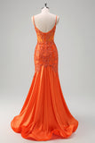 Glitter Orange Mermaid Spaghetti Straps Pleated Corset Long Prom Dress