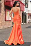 Glitter Orange Mermaid Spaghetti Straps Pleated Corset Long Prom Dress