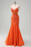 Glitter Orange Mermaid Spaghetti Straps Pleated Corset Long Prom Dress