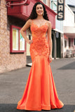 Glitter Orange Mermaid Spaghetti Straps Pleated Corset Long Prom Dress