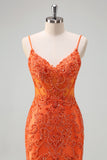 Glitter Orange Mermaid Spaghetti Straps Pleated Corset Long Prom Dress