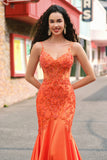 Orange Mermaid Spaghetti Straps Corset Long Prom Dress with Beading