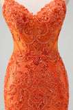 Glitter Orange Mermaid Spaghetti Straps Pleated Corset Long Prom Dress