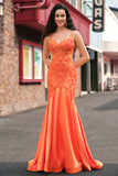 Orange Mermaid Spaghetti Straps Corset Long Prom Dress with Beading