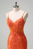 Glitter Orange Mermaid Spaghetti Straps Pleated Corset Long Prom Dress