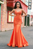 Orange Mermaid Spaghetti Straps Corset Long Prom Dress with Beading