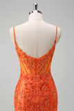 Glitter Orange Mermaid Spaghetti Straps Pleated Corset Long Prom Dress