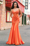 Orange Mermaid Spaghetti Straps Corset Long Prom Dress with Beading